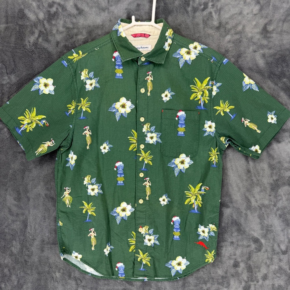 Tommy Bahama Hawaiian Shirt Men's Green Tiki Floral Print Short Sleeve Button Up